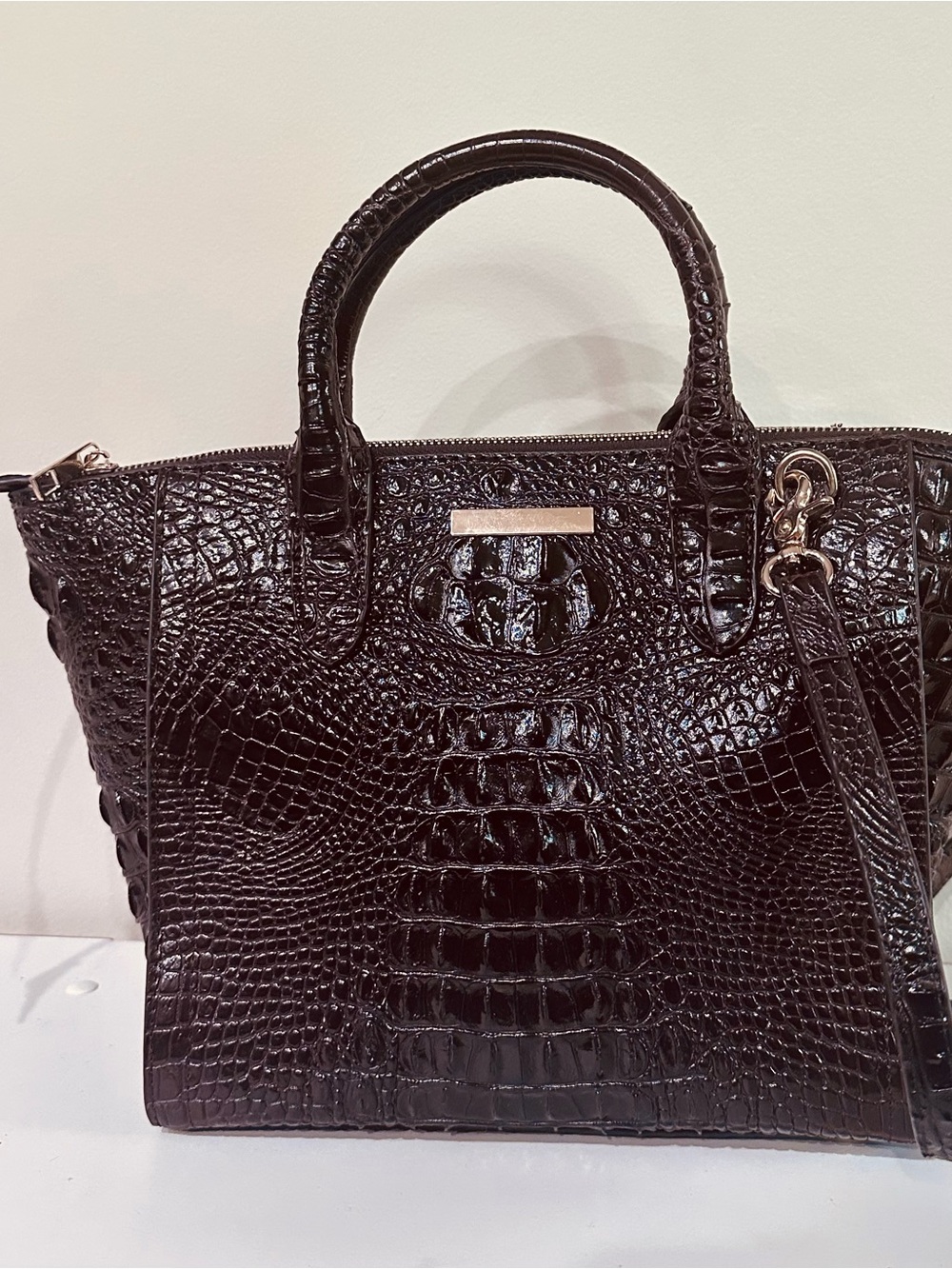 Crocodile-Embossed Black Satchel with Top Handles